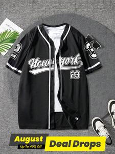 Men's Letter Print Short Sleeve Baseball Jersey, Regular Fit Casual Street Open Front Outerwear for Summer, Men's Clothes for Daily Wear, Sports Top