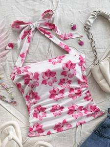 Women's Floral Print Halter Neck Top, Casual Chic Sleeveless Top for Summer, Ladies Boho Sleeveless Adjustable Clothes for Daily Wear, Halter Neck Ruffle Womenswear, Soft Top Women, Breathable Sleeveless Top, Casual Sleeveless Crop Top