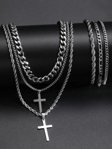 Men's Punk Style Chain & Cross Design Pendant Necklace & Bracelet, Street Trendy Hip Hop Jewelry Set, Fashion Accessories for Party, Daily Decor for Boy