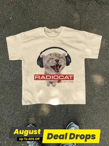 Unisex Letter & Cat Print Round Neck Tee, Street Fashion Casual Short Sleeve Crewneck T-shirt for Daily Wear, Unisex Clothes for Summer, Streetwear, Funny Graphic Tees, Funny Tshirt, Casual Graphic Design Breathable Summer Tee