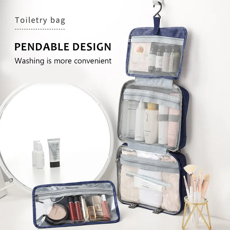 Travel Toiletry Bag, Large Hanging Makeup Bag Organizer for Women, Transparent Travel Cosmetic Bag with Hanging Hook for Full Size Bottles, Vacation Essentials, Medium 2