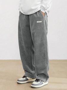 Men's Letter Print Drawstring Waist Corduroy Pants, Loose Casual Comfy Straight Leg Trousers for Fall & Winter, Men's Bottoms for Daily Wear