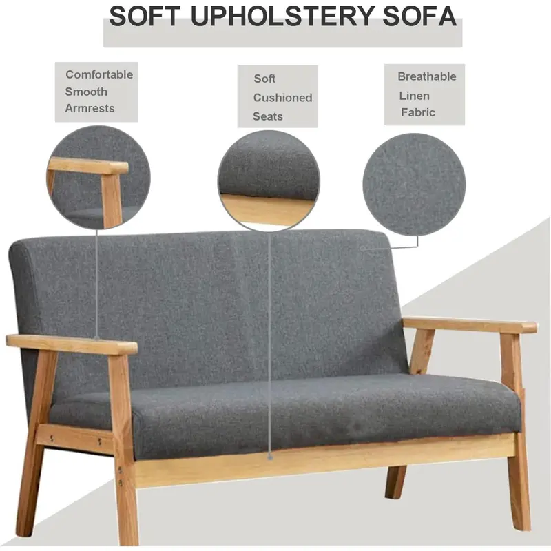 Grey Sofa for Living Room Wood Furniture, 2 Seater Sofa Compact Loveseat Couch Lounge, Linen Fabric Sofa Upholstered Seat 4
