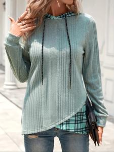 Women's Patchwork Print Drawstring Hoodie, Casual Long Sleeve Hooded Sweatshirt for Daily Wear, Ladies Clothes for All Seasons, Tops