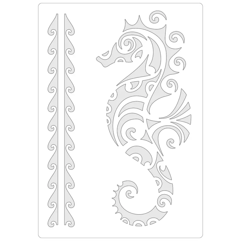 Reusable Stencil - Professional Quality - Maori Seahorse - Made in the UK - Food Safe Non Adhesive -  White Laser Cut PET Material for Cakes, Cookies, Coffees, Serving Plates 0