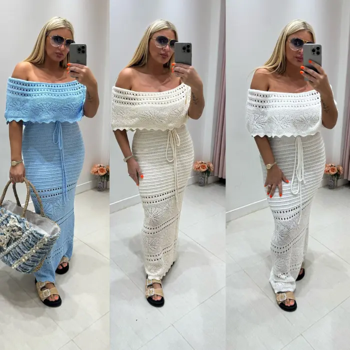 Pretty Dollz ~ Crochet Lace Bardot Fine Knit Maxi Dress ~ Summer ~ Womenswear