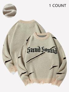 Men's Letter Print Ripped Drop Shoulder Sweater, Regular Fit Casual Soft Comfy Long Sleeve Round Neck Jumper for Fall & Winter, Fashion Men's Knitwear for Daily Wear