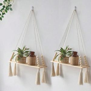 Wooden Wall Hanging Shelf, 2 Counts Boho Style Decor Hanging Rack, Floating Shelves for Home Bedroom Living Room Decor