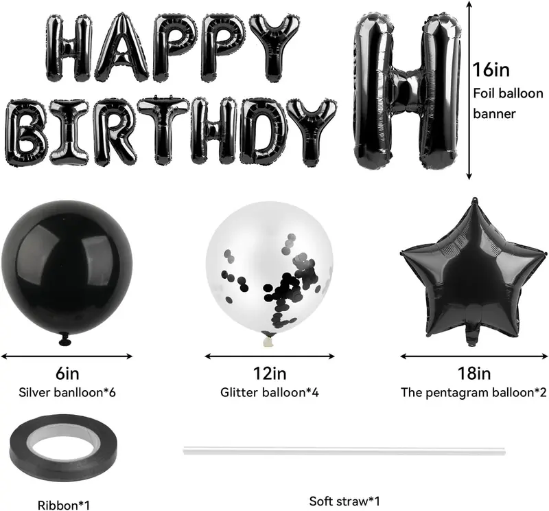 25 Pcs Birthday Balloon Banner - Happy Birthday Balloons, Decorations - 3D Foil Letter & Star (Black) 6