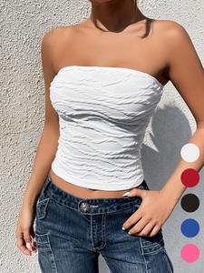 Women's Plain Textured Crop Tube Top, Casual Sleeveless Strapless Top for Summer, Ladies Clothes for Daily Wear