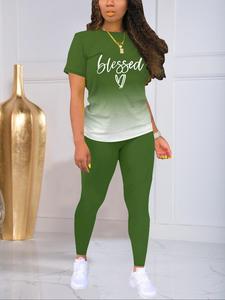 Women's Ombre Print Tee & Skinny Pants Two-piece Set, Casual Short Sleeve T-shirt & Trousers, Ladies Summer Clothes for Daily Wear