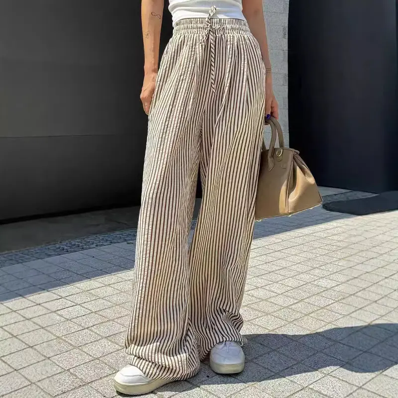 29/5000 Ice silk wide-leg pants for women, summer salt-like drape, Korean-style loose, versatile, high-waisted, elastic, thin, and straight-leg pants 4