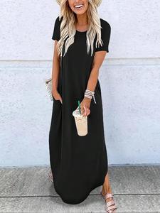 Women's Plain Pocket Round Neck Curved Hem Tee Dress, Casual Short Sleeve Long Dress for Summer, Ladies Clothes for Daily Wear