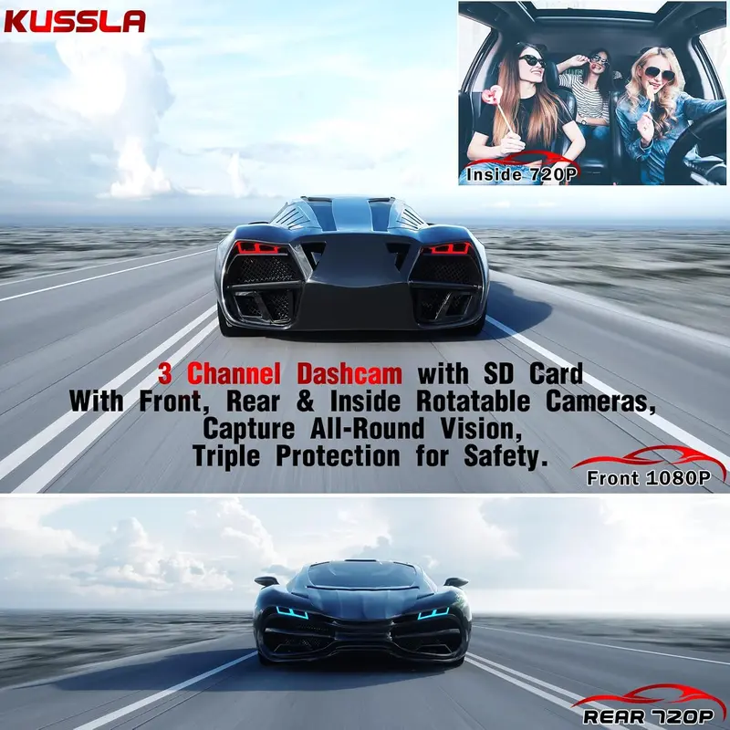 2025-New  Dash Cam Front and Rear Inside 3 Channel Dashcam for Cars 1080P with 64GB Card Adjustable Lens 3 Ways Triple Camera with Night Vision, G-sensor, Loop Recording, Parking Monitor 1