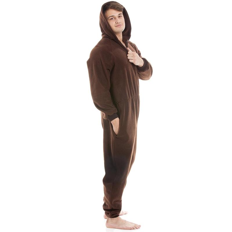 Mens Brown Supersoft Fleece Zip Front Hooded Onesie 3