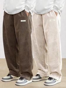 Men's Letter Patched Corduroy Pants, Casual Comfy Elastic Waist Straight Leg Trousers for Fall & Winter, Men's Bottoms for Daily Wear