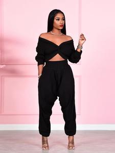 Two-Piece Set Women's Solid Twist Off Shoulder Crop Top & Elastic Waist Pants, Casual Fashion Cozy Outfits for Daily Outdoor Wear, Women Clothes for Fall & Winter