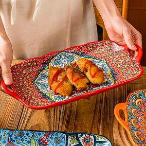 Ceramic Rectangle Baking Plate, 4 Counts/set Colorful Exquisite Salad Dessert Plate with Handle, Kitchen Tableware for Home Dining Room Picnic