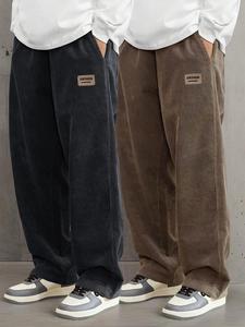 Men's Letter Patched Drawstring Waist Corduroy Pants, Casual Comfy Straight Leg Trousers for Fall & Winter, Men's Bottoms for Daily Wear