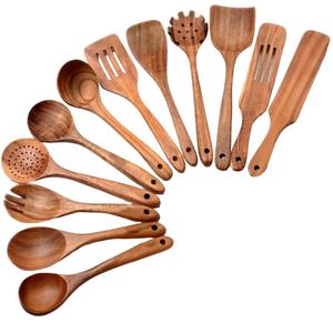 Wooden Cooking Utensils Set, 12pcs/set Wooden Kitchen Utensil Set, Natural Teak Wood Cooking Spoons Utensils, Kitchen Supplies Set, Kitchen Accessories, Household Kitchen Cooking, Durable Kitchenware