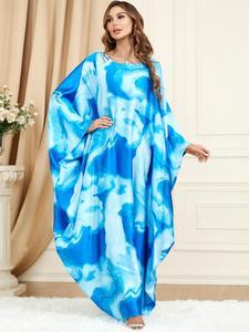 Arabic Clothing-all Over Print Long Sleeve Kaftan Dress, Modest Loose Batwing Sleeve Maxi Dresses, Kaftan Dresses, Modest Holiday Outfits, Summer Caftan