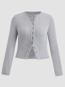 【Plus Size】 Solid Color Ribbed Button Front Cardigan, Casual Long Sleeve Round Neck Knitwear for Spring & Fall, Women's Tops for Daily Wear