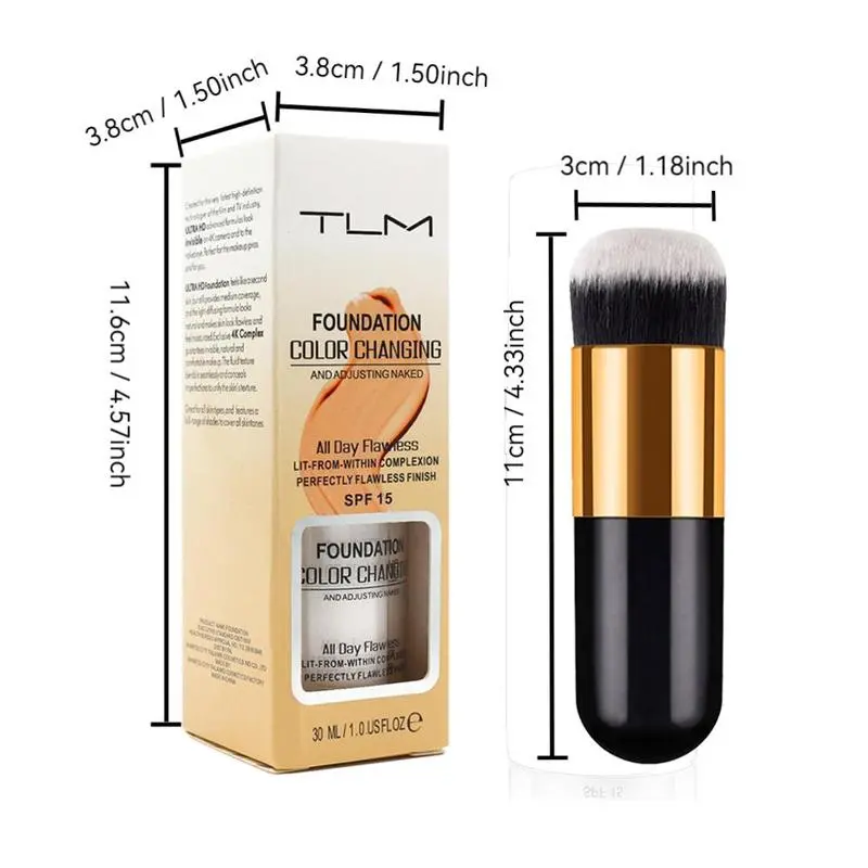 Color Changing Foundation with Makeup Brush, 2 Counts/set Long Lasting Natural Makeup Moisturizing Oil Control Cream, Makeup Product, Valentine's Day Gift 1