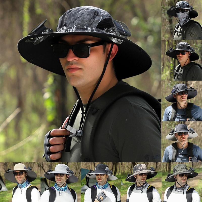 Father's Day Gift Swimming Cap Men's Outdoor Wide Brim Sun Hat with Solar Fan Wide Brim Solar Fan Outdoor Fishing Hat Solar USB Charging Desktop Sun Hat 0