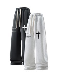 Men's Cross & Letter Print Sweatpants, Casual Comfy Breathable Pants for Daily Wear, Fashion Men's Bottoms for All Seasons