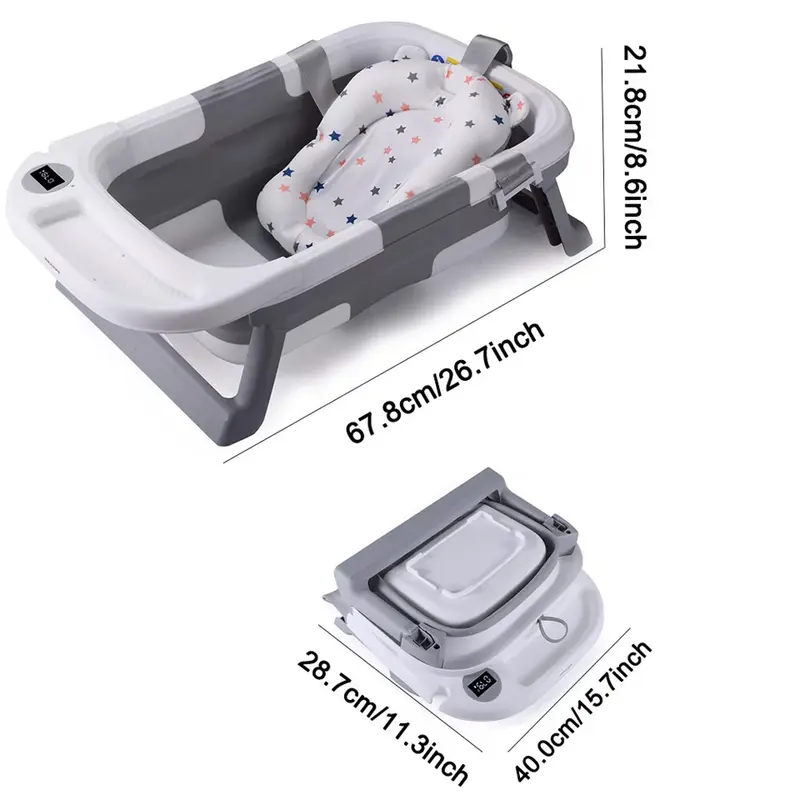 Foldable Baby Bath Tub Ergonomic with Temperature & Cushion Bath Pad + Bath Net 2