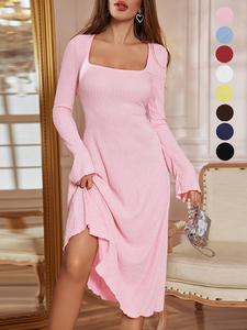 Women's Plain Lace Up Tie Back Flounce Sleeve Dress, 1 Count Elegant Square Neck Long Sleeve A Line Dress for Party Holiday Wedding Guest, Ladies Fall & Winter Clothes