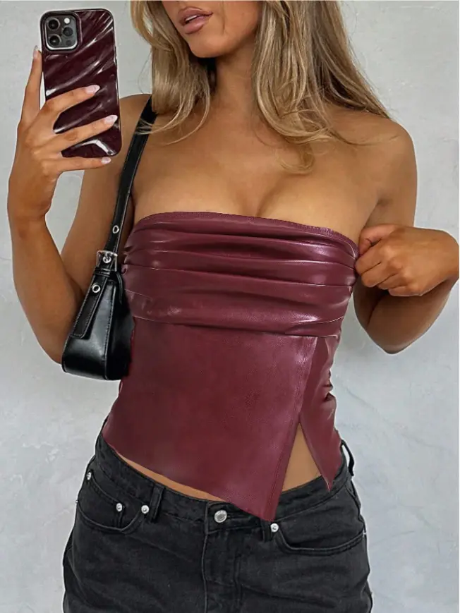 Women Top Fashionable Ruched Asymmetric Hem Tube Top, Suitable For Going Out And Parties Top Ruffle  Side Slit Hem Bandeau Crop Top