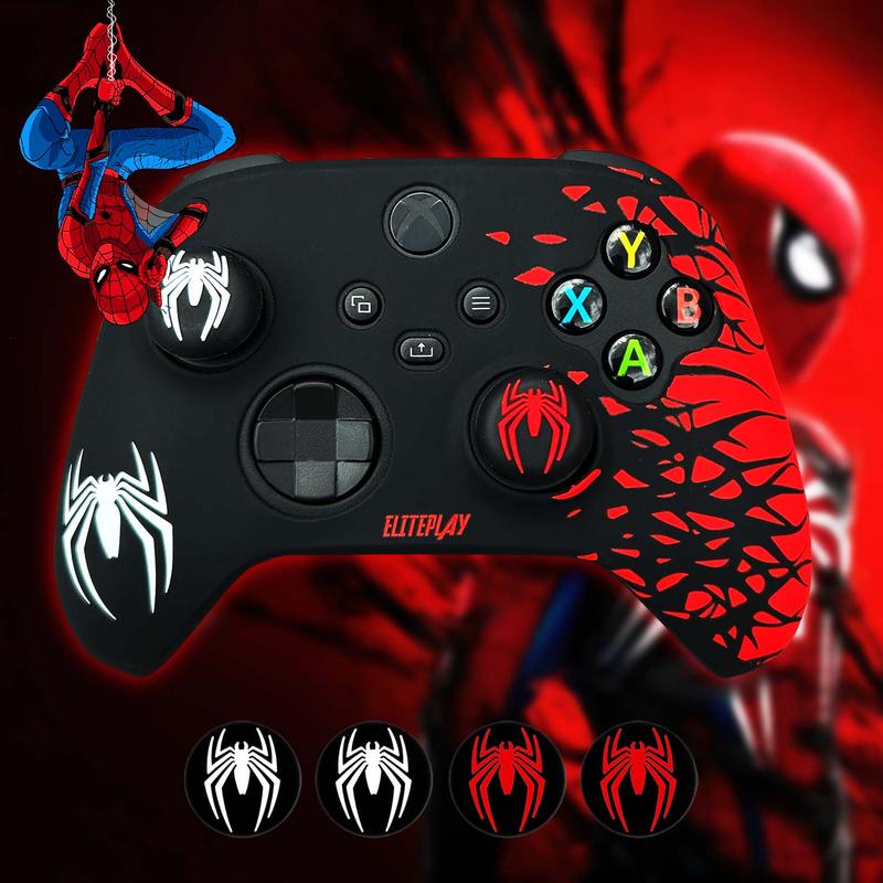 Black and Red Spider Anti-Slip Silicone Cover Skin for Xbox Controller with 2 Sets Thumb Grips 1