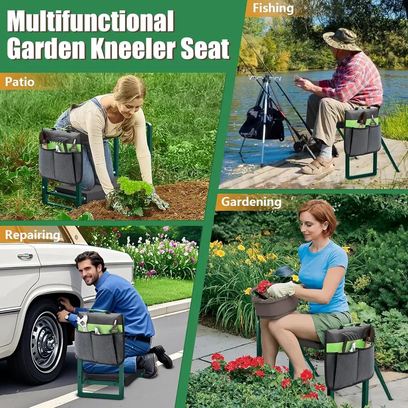 seasky Foldable Garden Kneeling and Seat,Anti-Tipping Garden Stool Widened Thick Soft Kneeling Pad, Heavy Duty Gardening Stool with Garden Tool Bag,Gardening Gift (Deep Green) 7