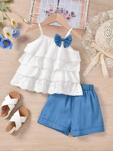 Two-piece Set Toddler Girl's Bow Decor Top & Shorts, Cute Casual Top & Shorts for Daily Wear, Kids Summer Clothes, Outfit, Newborn Baby Clothing, Summer Gift Set