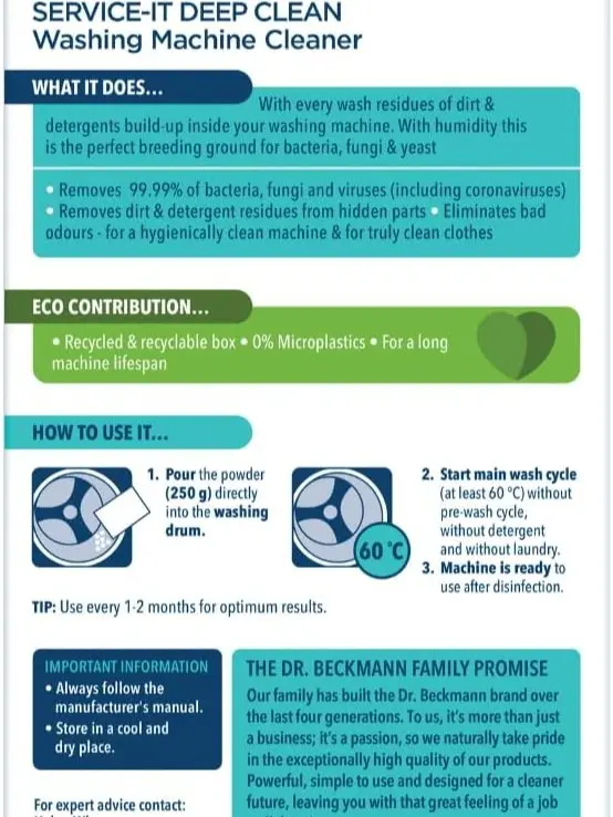 Dr. Beckmann Service-it Deep Clean Washing Machine Cleaner | Removes 99,99 % of bacteria and fungi and viruses | eliminates bad odours | 250 g 1