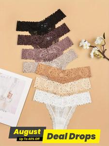 Women's 7pcs Contrast Floral Lace Sheer Nylon Thong, Fit Elegant Basic Fashion Comfy Contrast Mesh Knicker for Daily Wear, Womens Underwear, Thongs, Soft Comfy Lady Soft Pastel Panty, Soft Breathable Panties