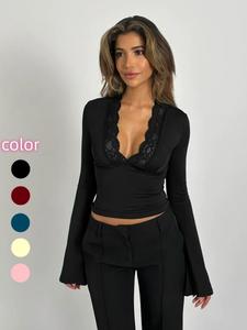 Women's Contrast Lace Plunge Neck Flounce Sleeve Tee, Elegant Deep V Neck Long Sleeve Top for Spring & Fall, Women's Clothes for Daily Wear