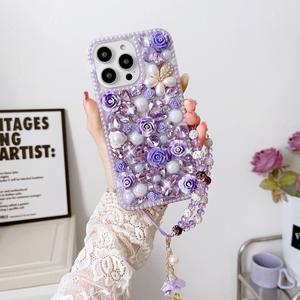 Flower & Faux Pearl Decor Phone Case with Beaded Lanyard, Full Body Shockproof Phone Protective Cover, Fashion Phone Accessories for iPhone 15 14 13 12 11 Series