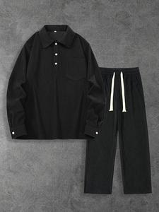 Men's Solid Half Button Shirt & Pants Set, Loose Casual Long Sleeve Collared Top & Trousers, Men's Spring & Fall Clothes, Winter outfits