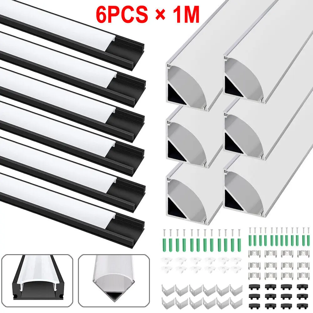 6 pcs LED Aluminium Channel Profile 3.3ft Extrusion Diffuser Strip Lights Cover