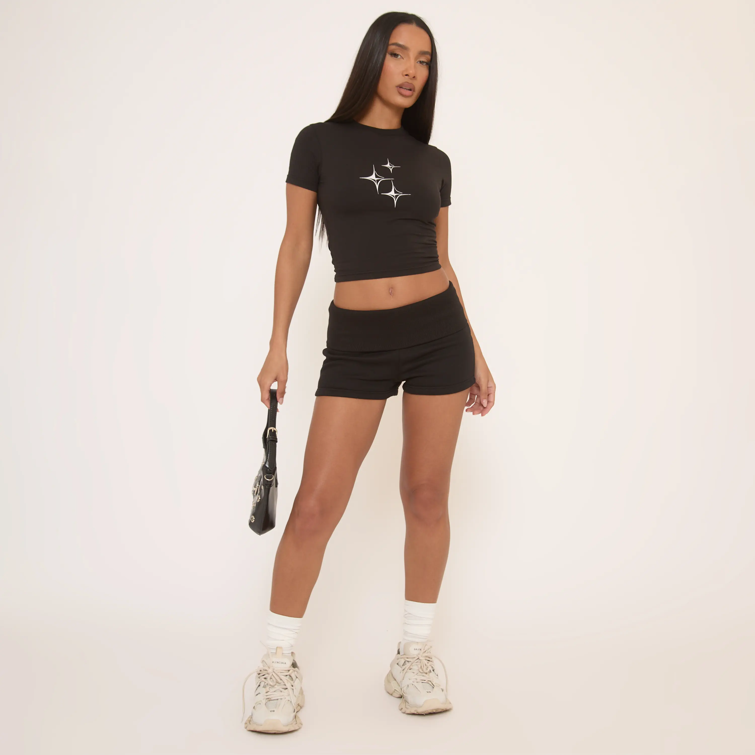Fold Over Waist Sweat Mini Shorts In Black