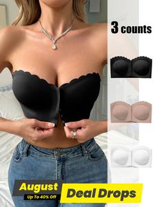 Women's Solid Scallop Trim Hook & Eye Front Wireless Bandeau Bra, Curvy Casual Comfortable Breathable Minimalist Bralette Lingerie for Daily Wear, Lingerie Top for All Seasons, Womenswear, Underwear, Wirefree Bra, Lady