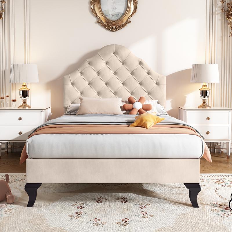 Upholstered bed 90*190 with slatted frame and headboard, Upholstered bed with height-adjustable headboard, Youth bed, Single bed, Wooden slat support, Easy assembly, Velvet, Beige 1