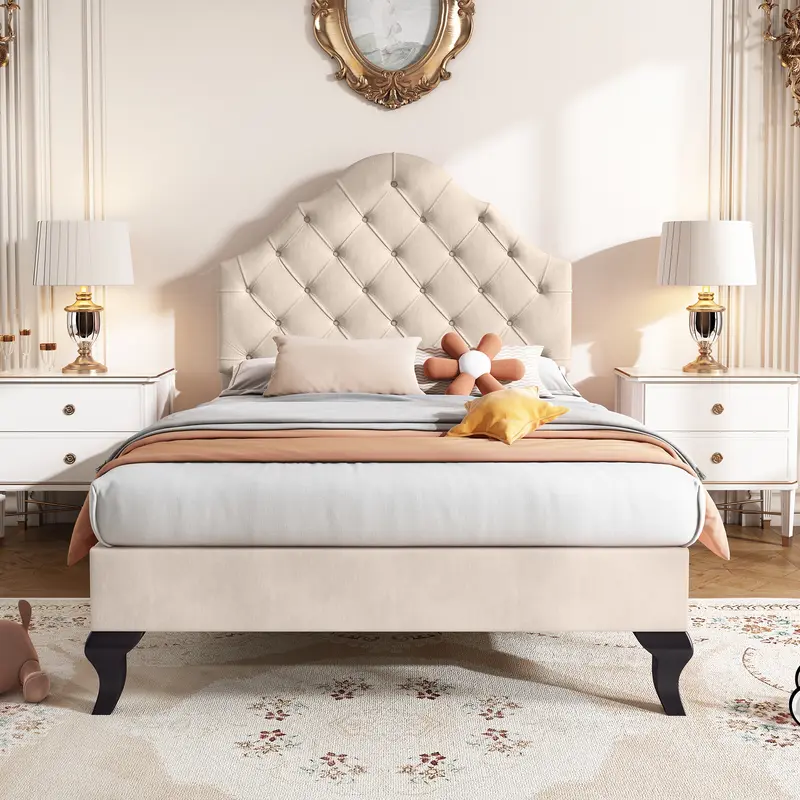 Upholstered bed 90*190 with slatted frame and headboard, Upholstered bed with height-adjustable headboard, Youth bed, Single bed, Wooden slat support, Easy assembly, Velvet, Beige 1