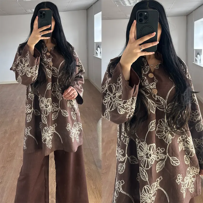 Ladies Premium Floral Embroidered Magic Button Linen Two Piece Co-Ord Set Womens Cotton Long Flare Sleeve Top Wide Leg Pants Trousers Loose Fit Summer Holiday Modest Loungewear Womenswear Overall Outfits 2
