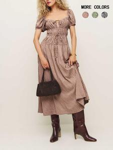 Women's Plaid Print Tie Front Dress, Casual Fashion Short Sleeve A Line Dress for Daily Outdoor Wear, Women Casual Boho Fashion Dress for Summer