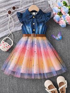 Girl's Denim-effect  & Patchwork Belted Dress, Casual A Line Dress for Summer, Kids Clothes for Daily Wear