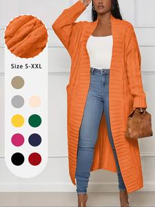 Women's Solid Textured Dual Pocket Drop Shoulder Open Front Cardigan, Casual Long Sleeve Midi Cardigan, Ladies Knitwear for All Seasons
