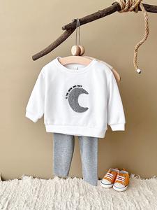 Baby's Moon Patched Sweatshirt & Elastic Waist Sweatpants Set, Casual Soft Comfy Round Neck Long Sleeve Pullover & Jogger Pants for Spring & Fall, Infant Toddler Kids Clothes for Daily Wear
